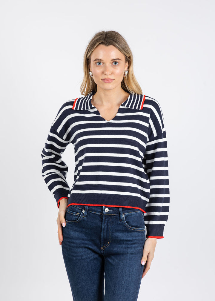 BK Maisie Bright Striped Long Sleeve Polo in Navy/Multi available at Barbara Katz