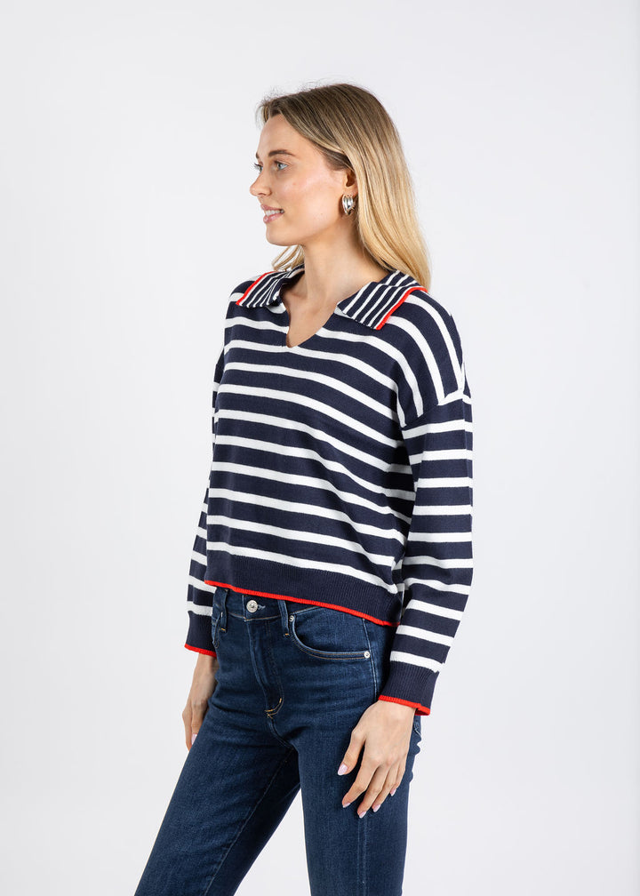 BK Maisie Bright Striped Long Sleeve Polo in Navy/Multi available at Barbara Katz