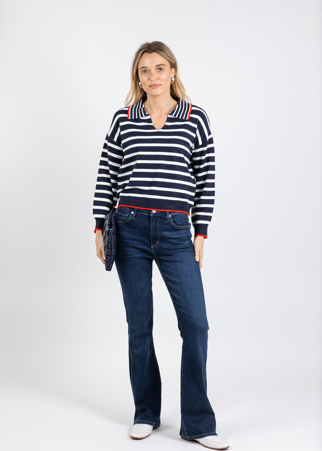BK Maisie Bright Striped Long Sleeve Polo in Navy/Multi available at Barbara Katz