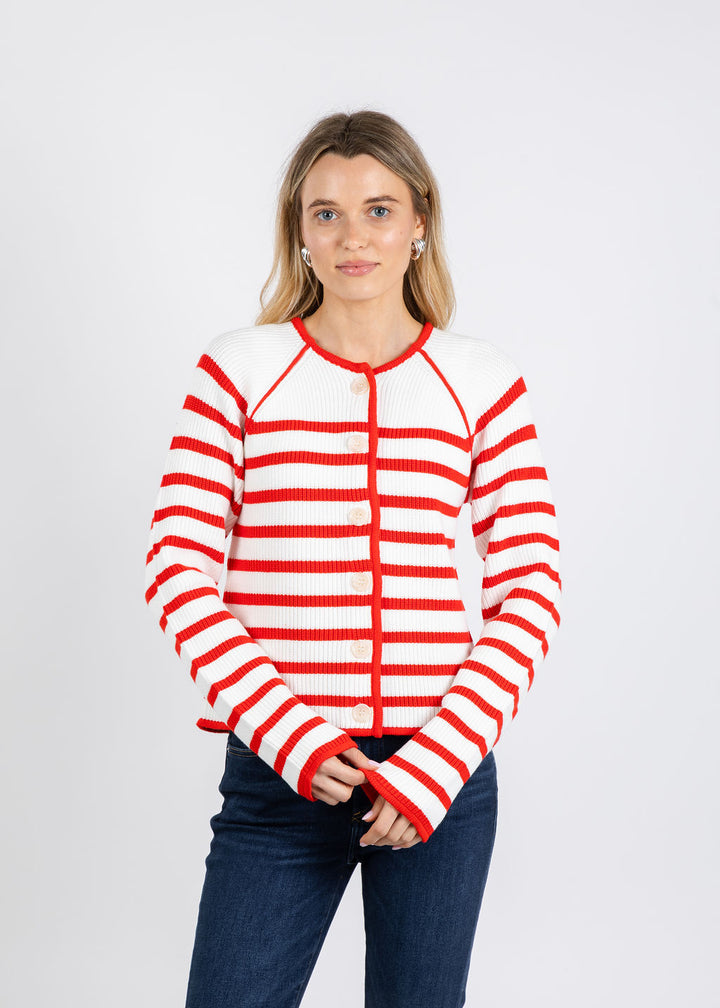 BK Maisie Collarless Sweater Jacket in Tomato/White available at Barbara Katz