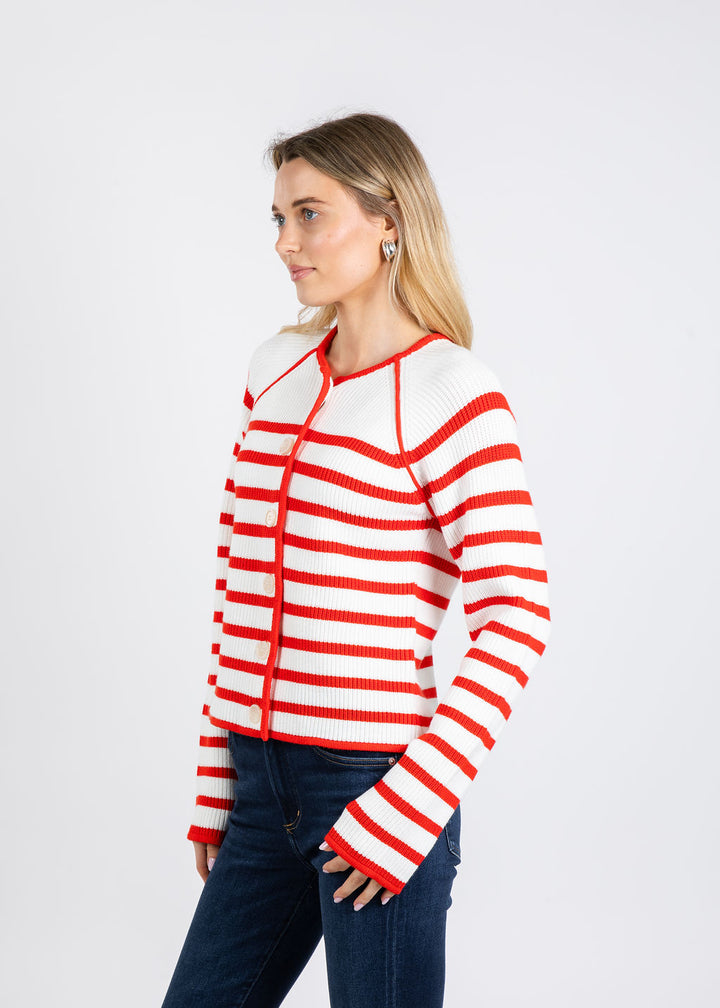 BK Maisie Collarless Sweater Jacket in Tomato/White available at Barbara Katz