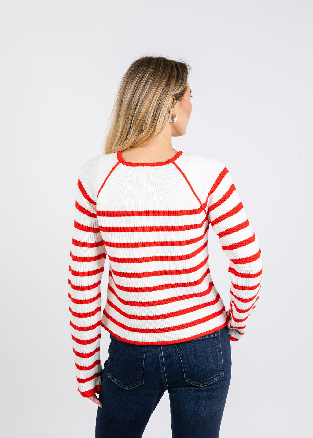 BK Maisie Collarless Sweater Jacket in Tomato/White available at Barbara Katz