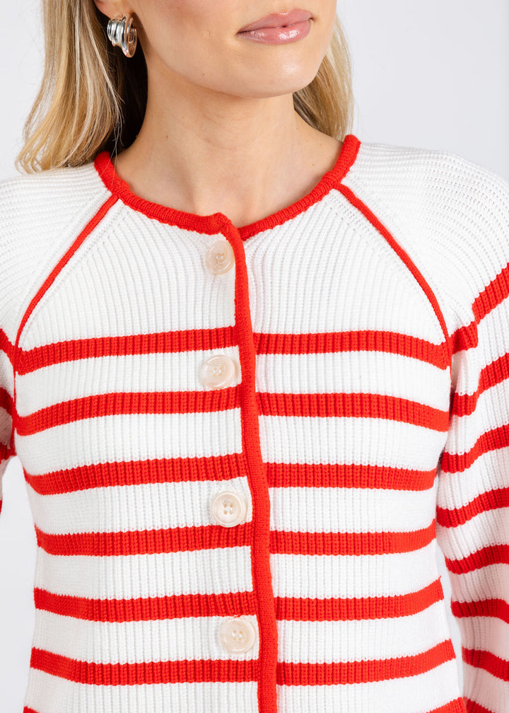 BK Maisie Collarless Sweater Jacket in Tomato/White available at Barbara Katz