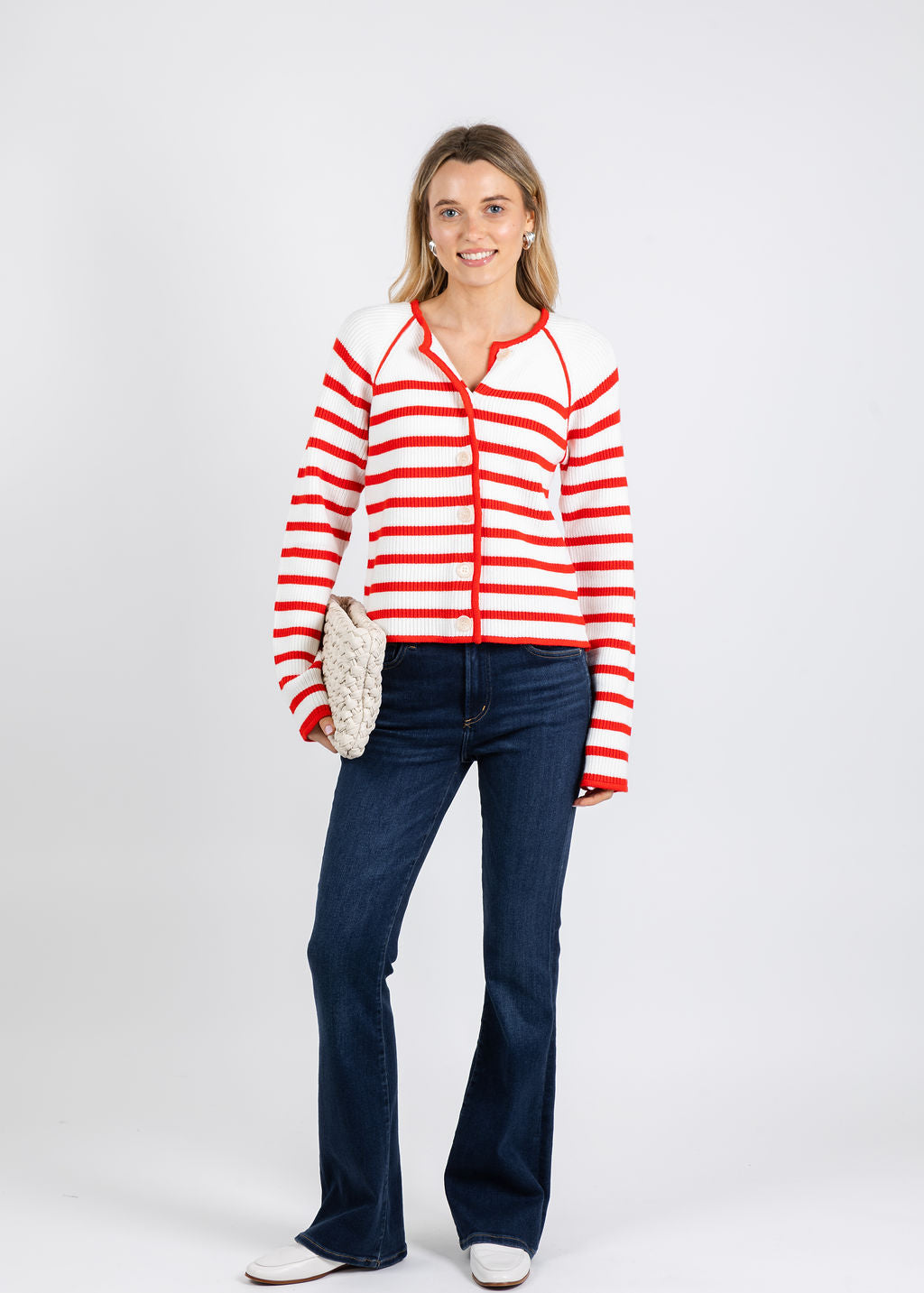 BK Maisie Collarless Sweater Jacket in Tomato/White available at Barbara Katz