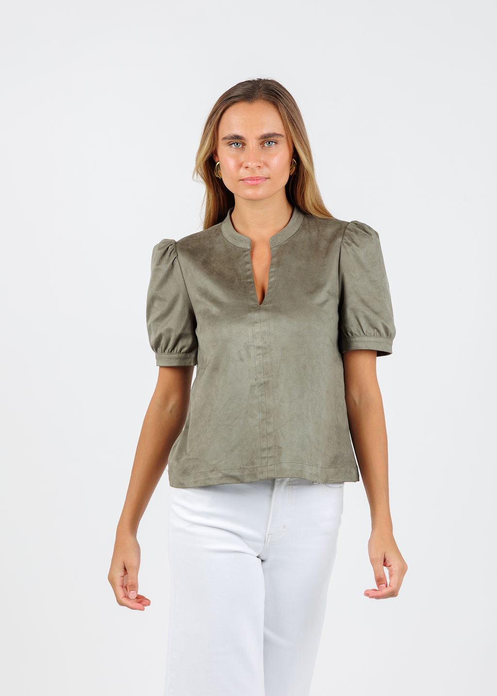 BK Maya Suede V-Neck Short Sleeve Top in Olive available at Barbara Katz