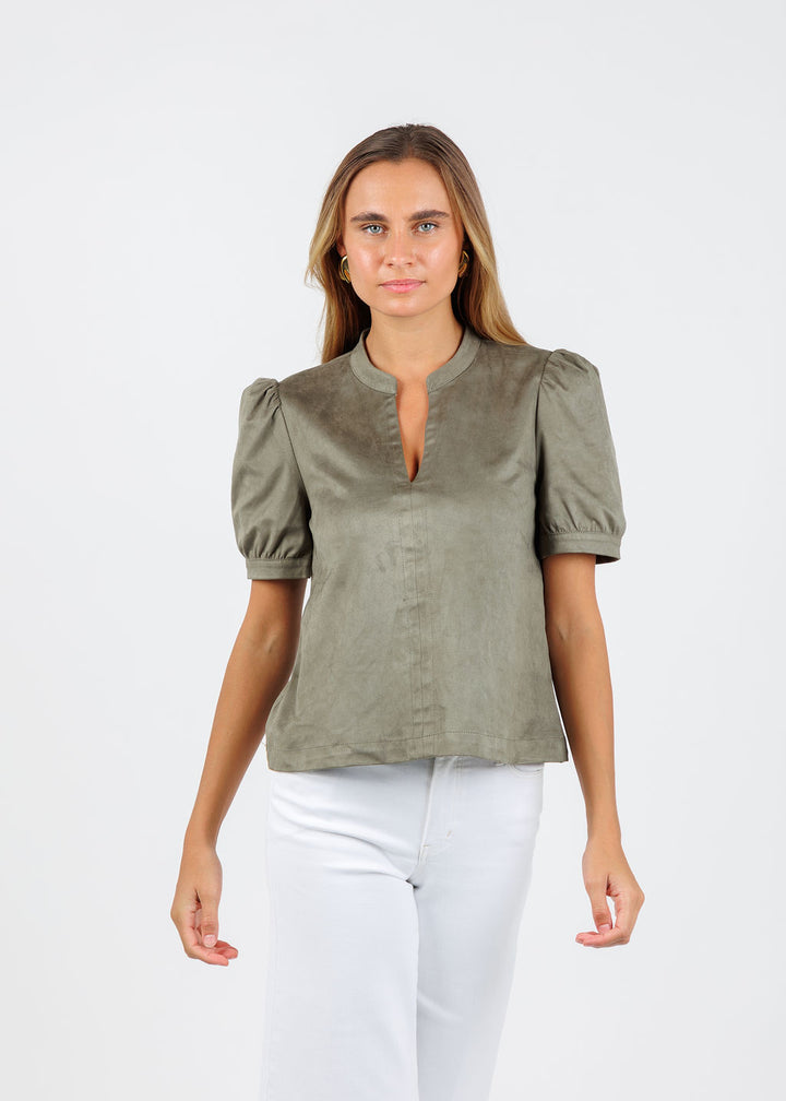 BK Maya Suede V-Neck Short Sleeve Top in Olive available at Barbara Katz