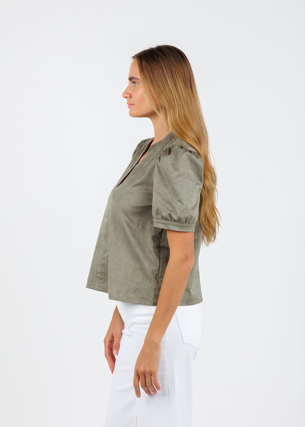 BK Maya Suede V-Neck Short Sleeve Top in Olive available at Barbara Katz