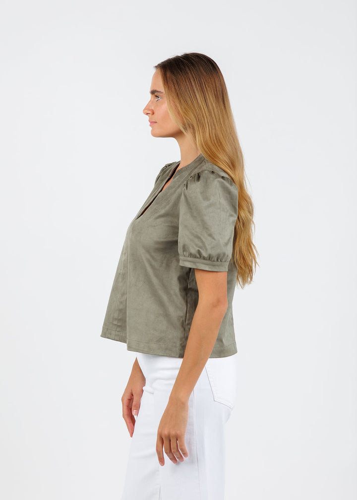 BK Maya Suede V-Neck Short Sleeve Top in Olive available at Barbara Katz
