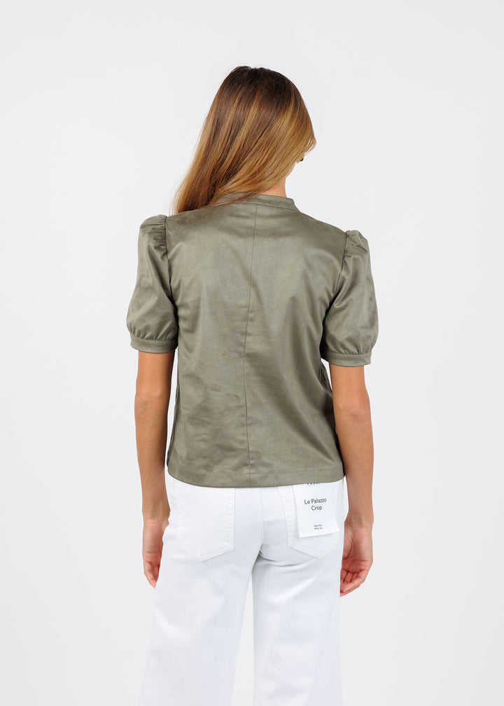 BK Maya Suede V-Neck Short Sleeve Top in Olive available at Barbara Katz