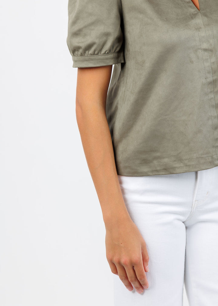 BK Maya Suede V-Neck Short Sleeve Top in Olive available at Barbara Katz