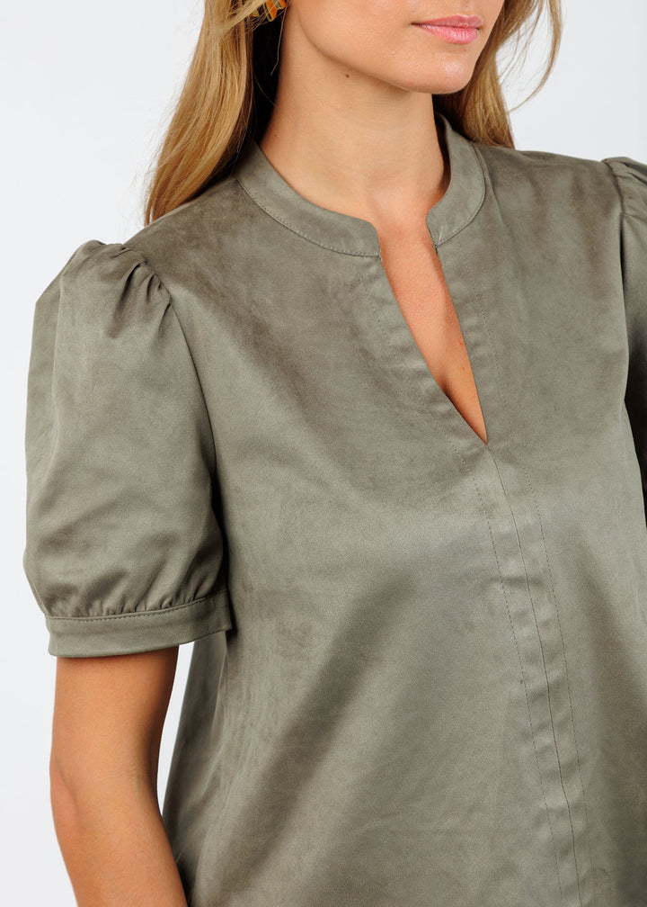 BK Maya Suede V-Neck Short Sleeve Top in Olive available at Barbara Katz