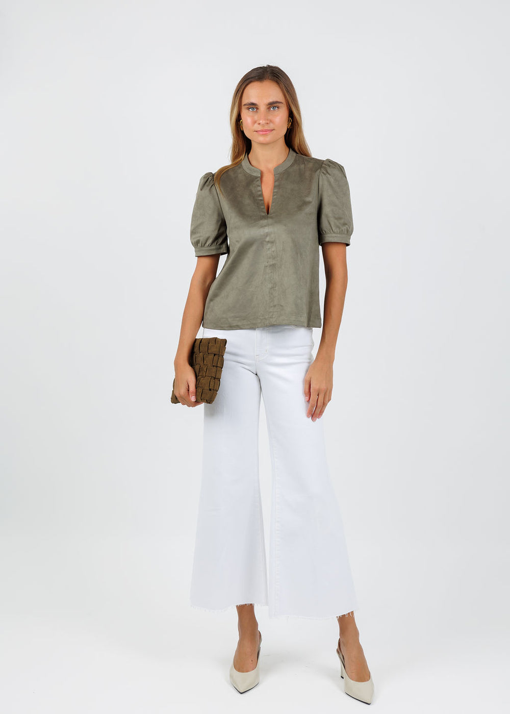 BK Maya Suede V-Neck Short Sleeve Top in Olive available at Barbara Katz