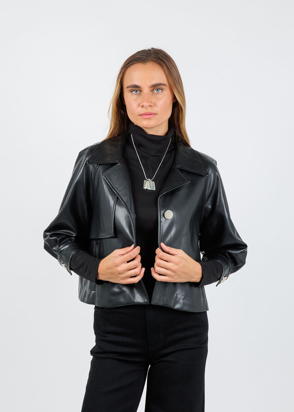BK Metallic Vegan Leather 3/4 Sleeve Topper in Black available at Barbara Katz