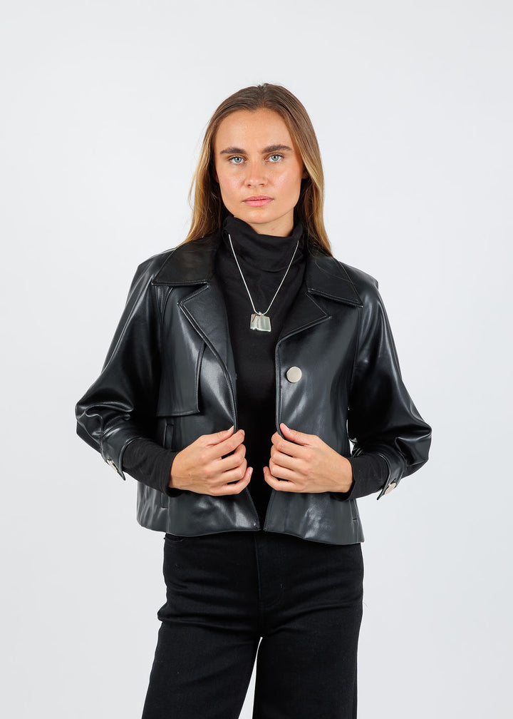 BK Metallic Vegan Leather 3/4 Sleeve Topper in Black available at Barbara Katz