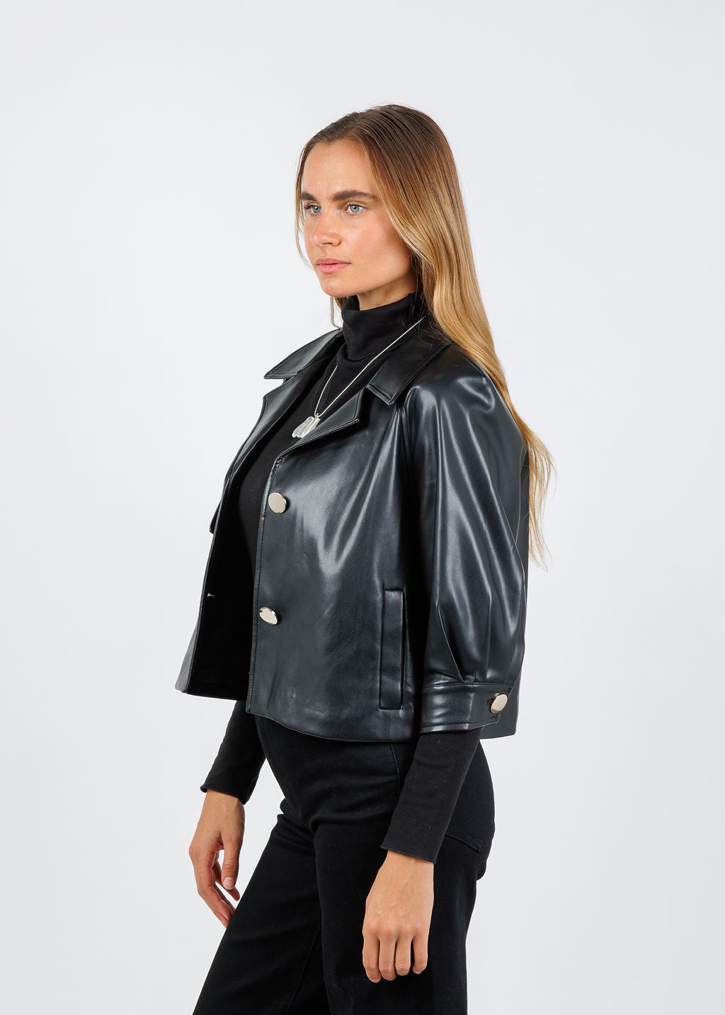 BK Metallic Vegan Leather 3/4 Sleeve Topper in Black available at Barbara Katz