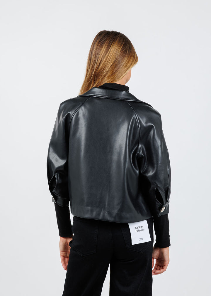 BK Metallic Vegan Leather 3/4 Sleeve Topper in Black available at Barbara Katz