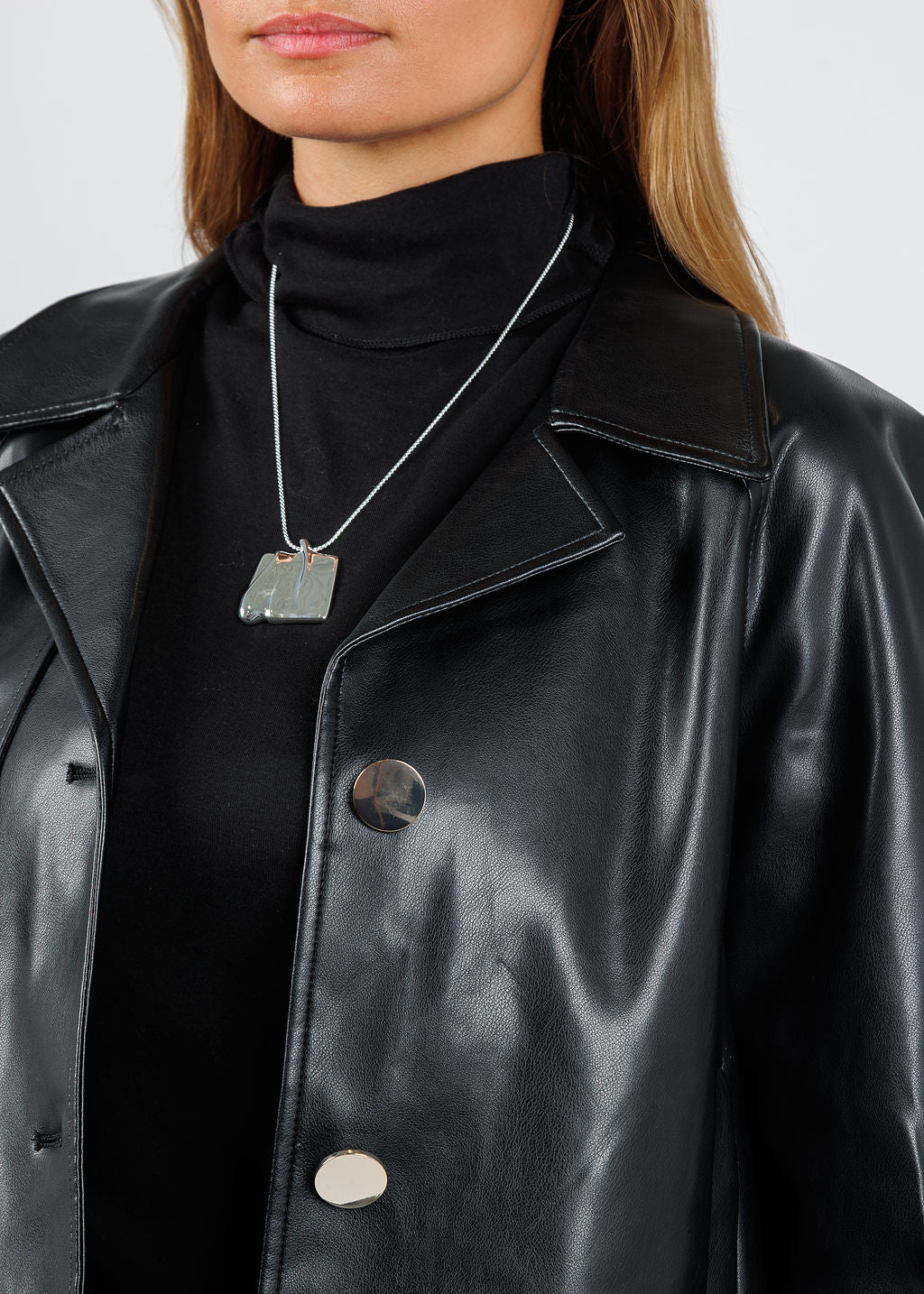 BK Metallic Vegan Leather 3/4 Sleeve Topper in Black available at Barbara Katz