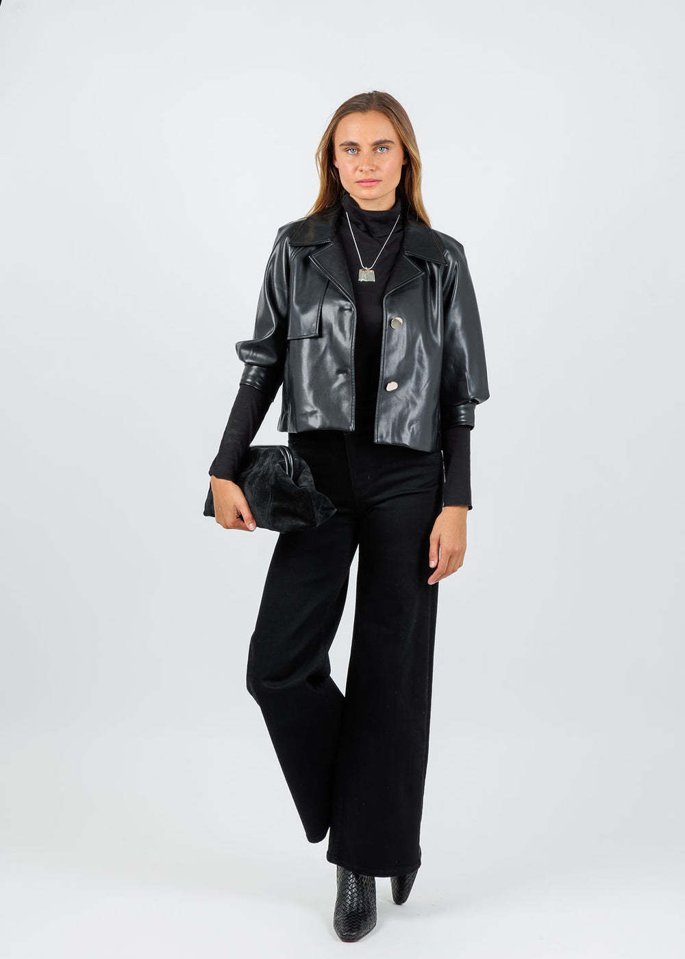 BK Metallic Vegan Leather 3/4 Sleeve Topper in Black available at Barbara Katz