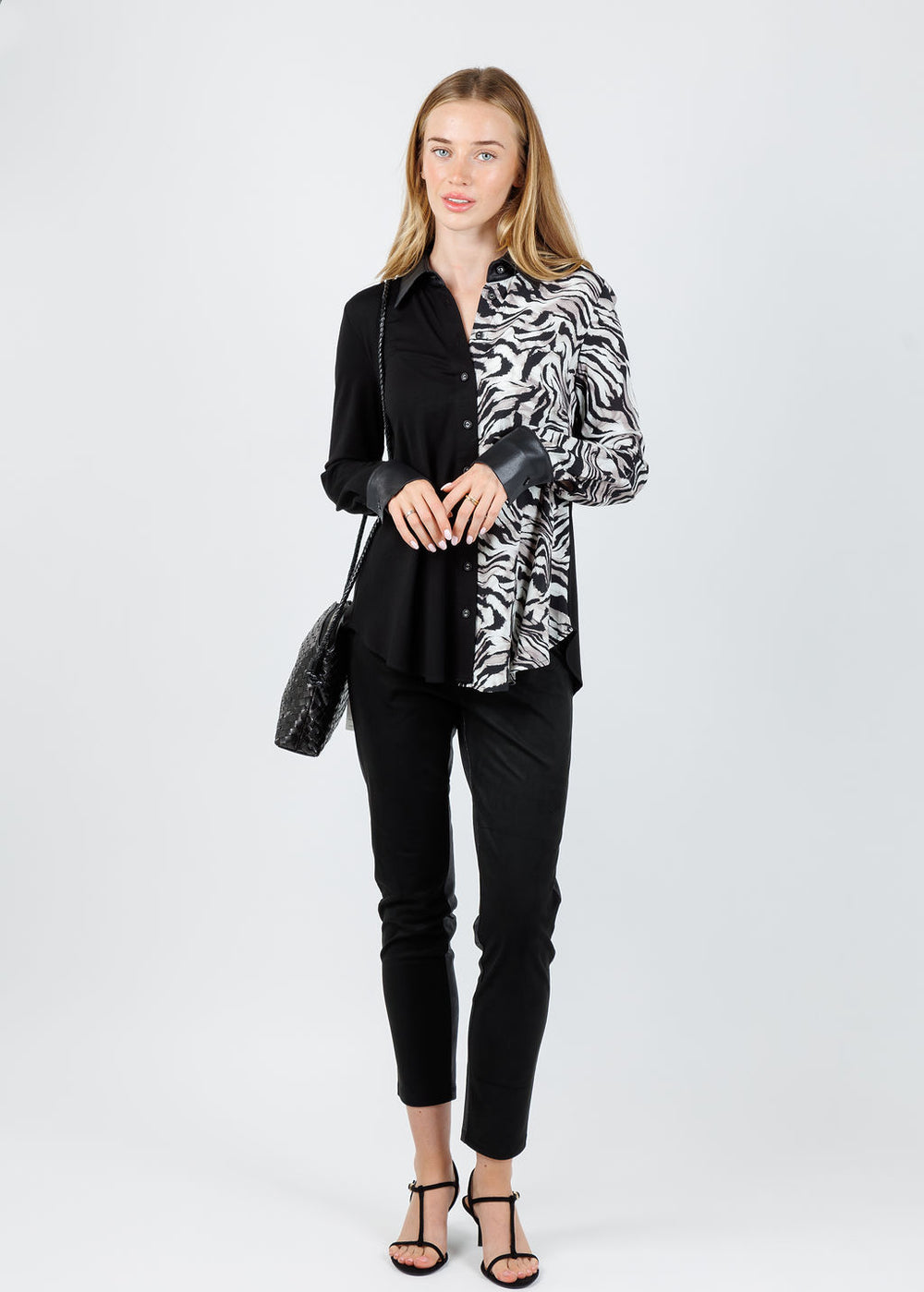 BK Mila Combo Zebra Shirt in Black paired with Madison Suede Pants in Black available at Barbara Katz