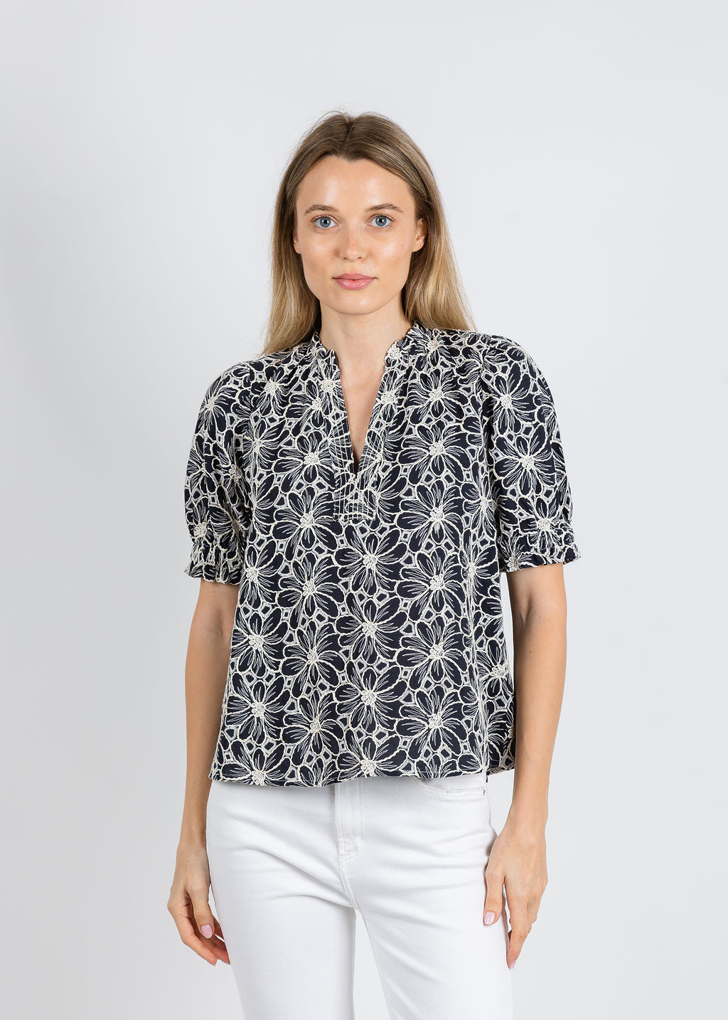 BK Mimosa Embroidered Blouse in Navy available at Barbara Katz