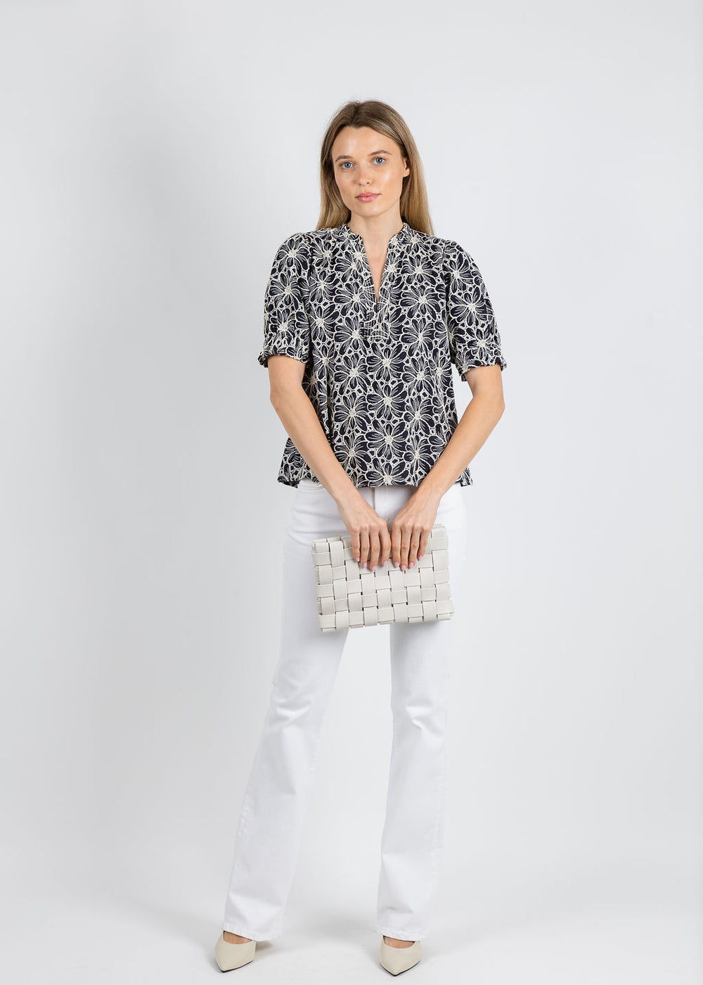 BK Mimosa Embroidered Blouse in Navy available at Barbara Katz