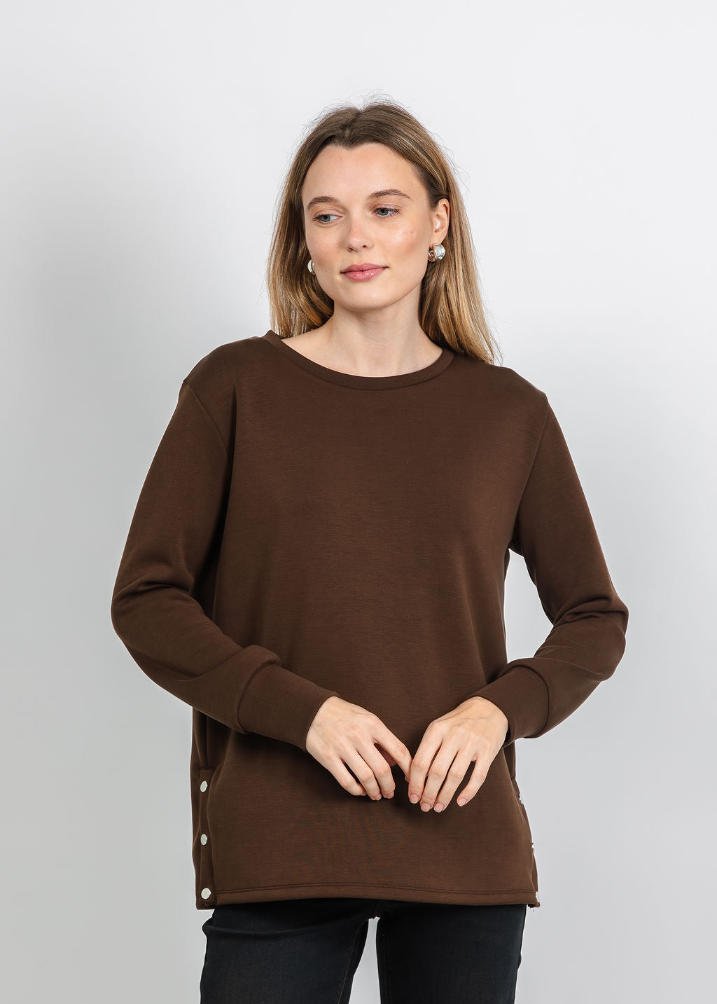 BK Modal Pullover with Side Snaps in Brown available at Barbara Katz