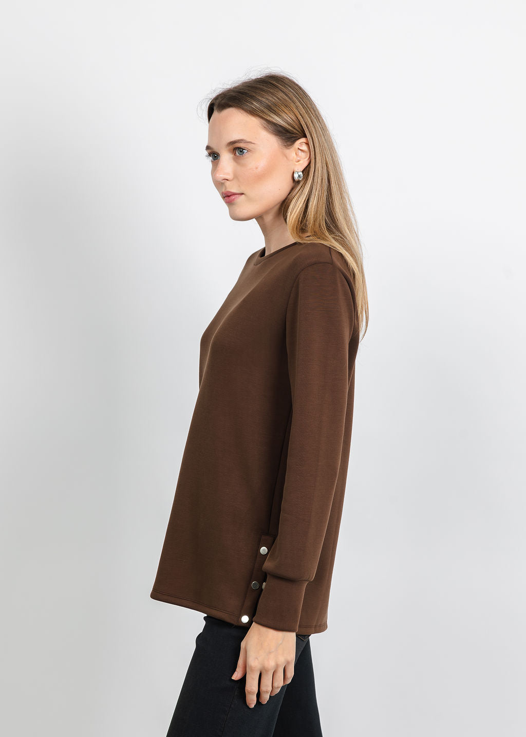 BK Modal Pullover with Side Snaps in Brown available at Barbara Katz