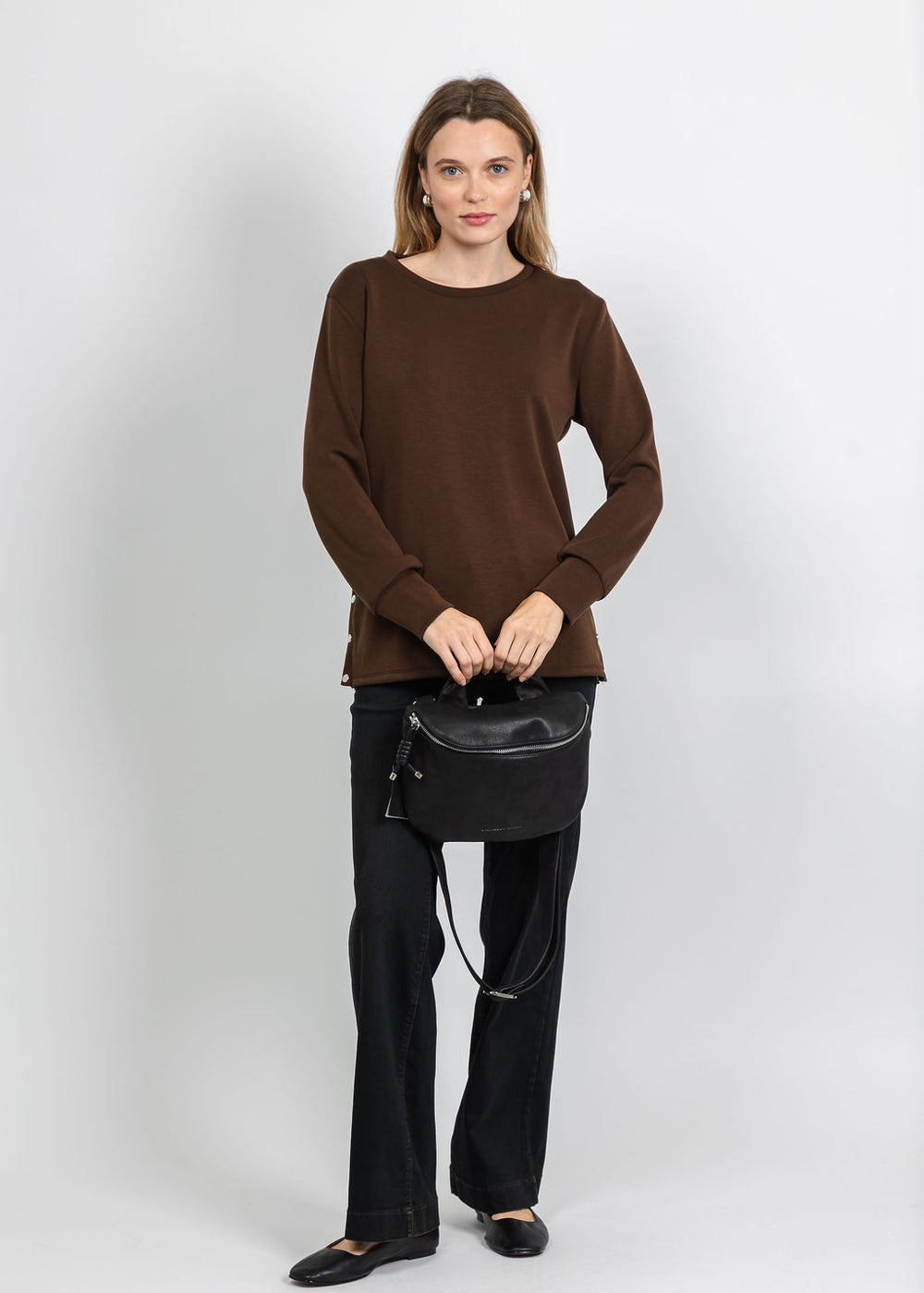 BK Modal Pullover with Side Snaps in Brown available at Barbara Katz