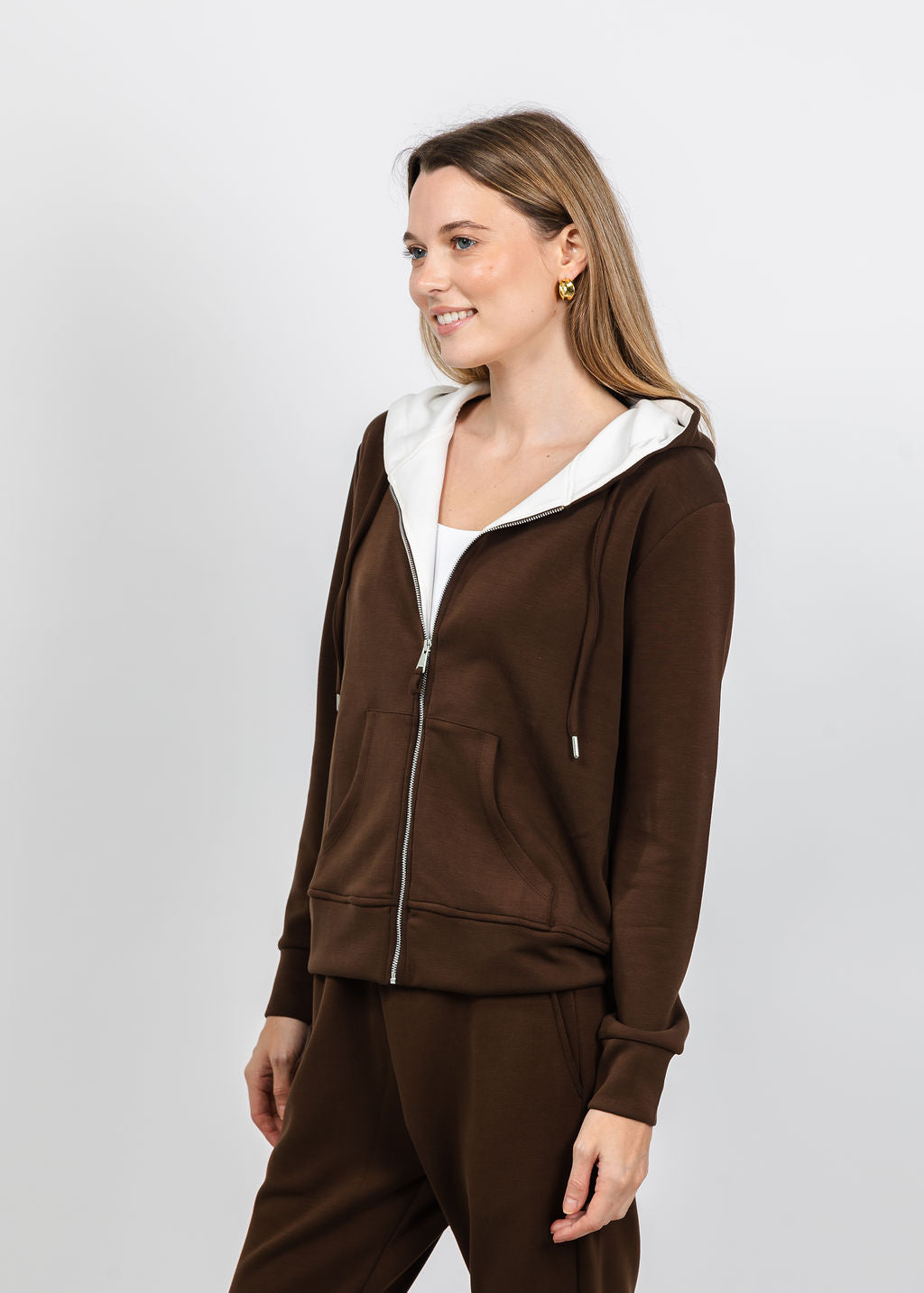 BK Modal Two Tone Hoodie in Brown/Ivory available at Barbara Katz