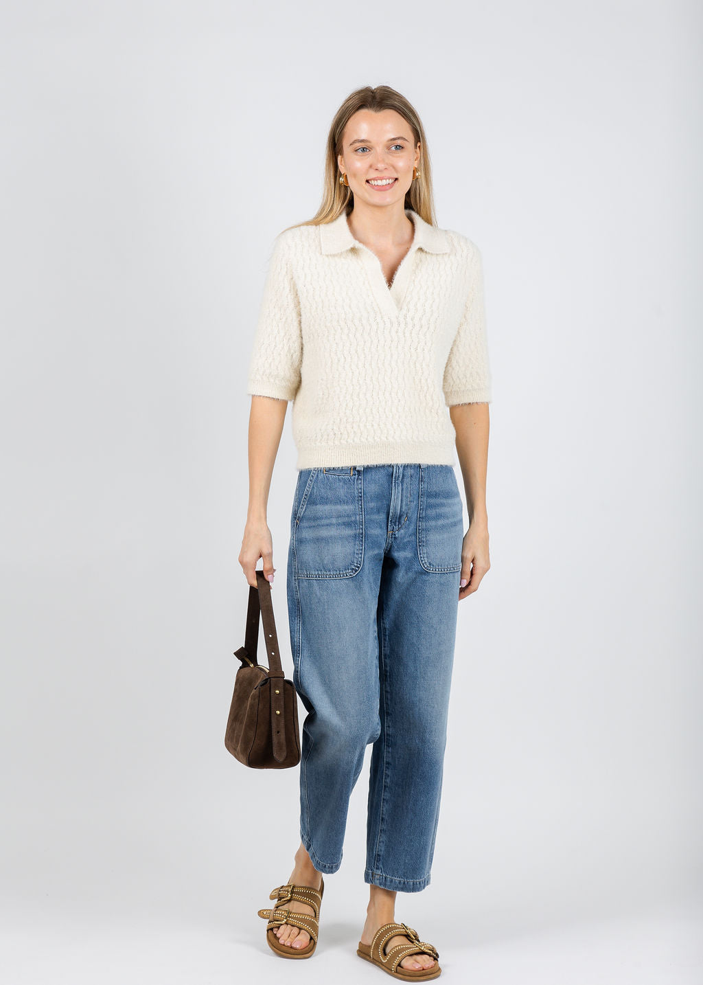 BK Moisa Polo Sweater in Birch paired with Citizens of Humanity Winslow Utility Jeans in Rowena available at Barbara Katz