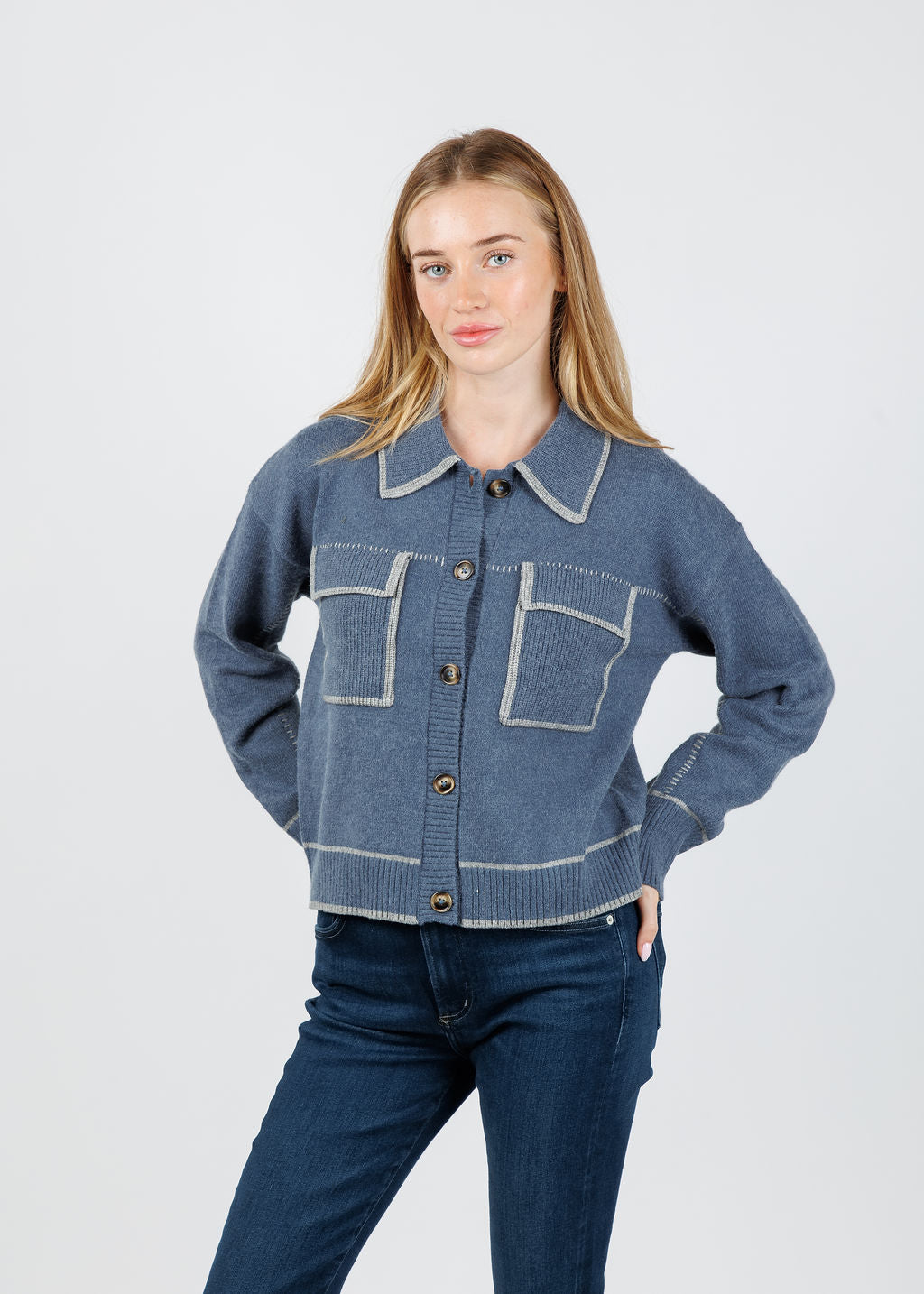 BK Myra Whipstitch Barn Sweater in Denim available at Barbara Katz