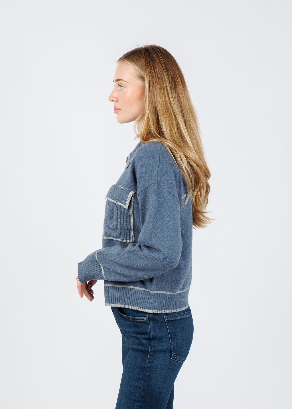 BK Myra Whipstitch Barn Sweater in Denim available at Barbara Katz