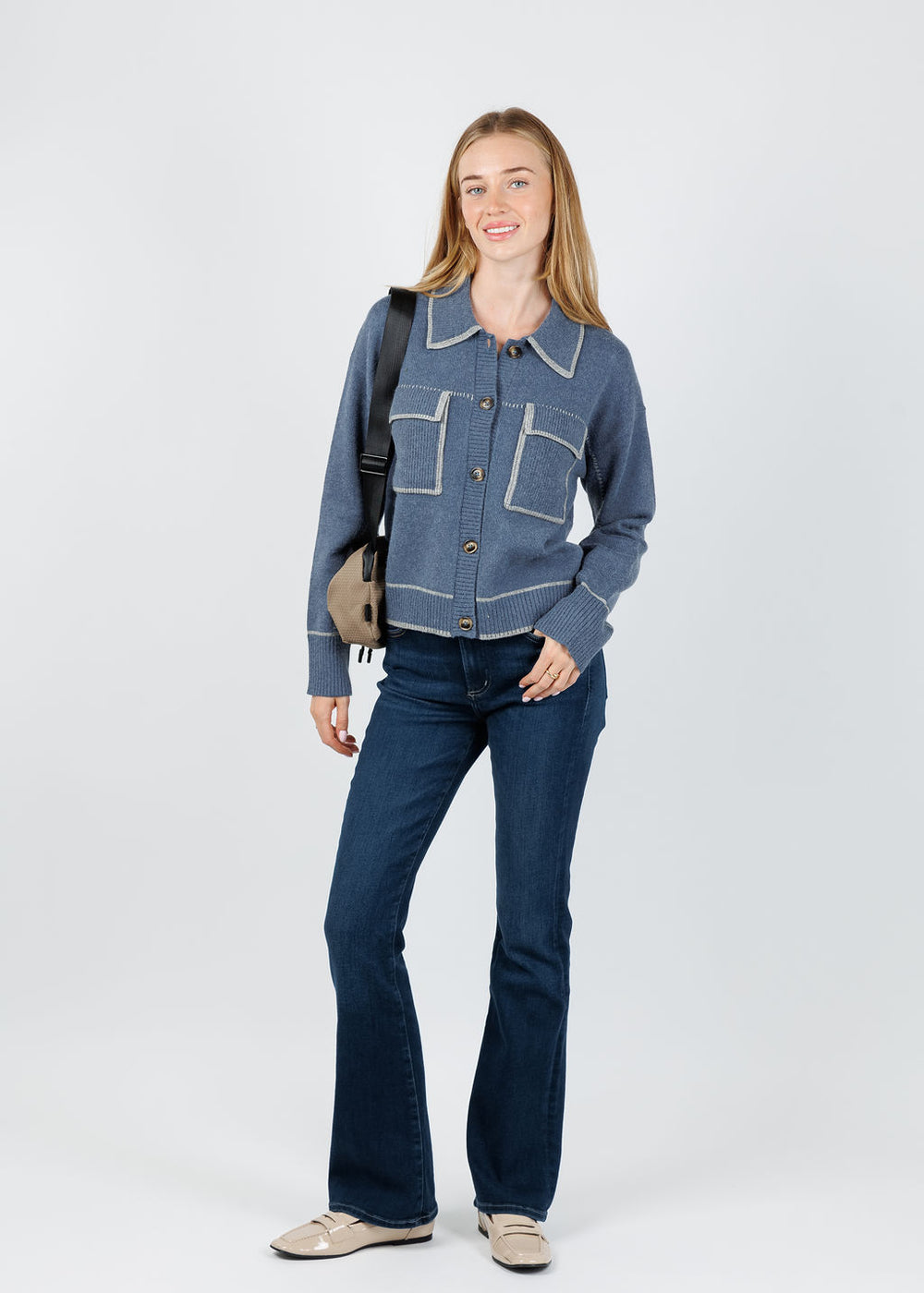 BK Myra Whipstitch Barn Sweater in Denim available at Barbara Katz