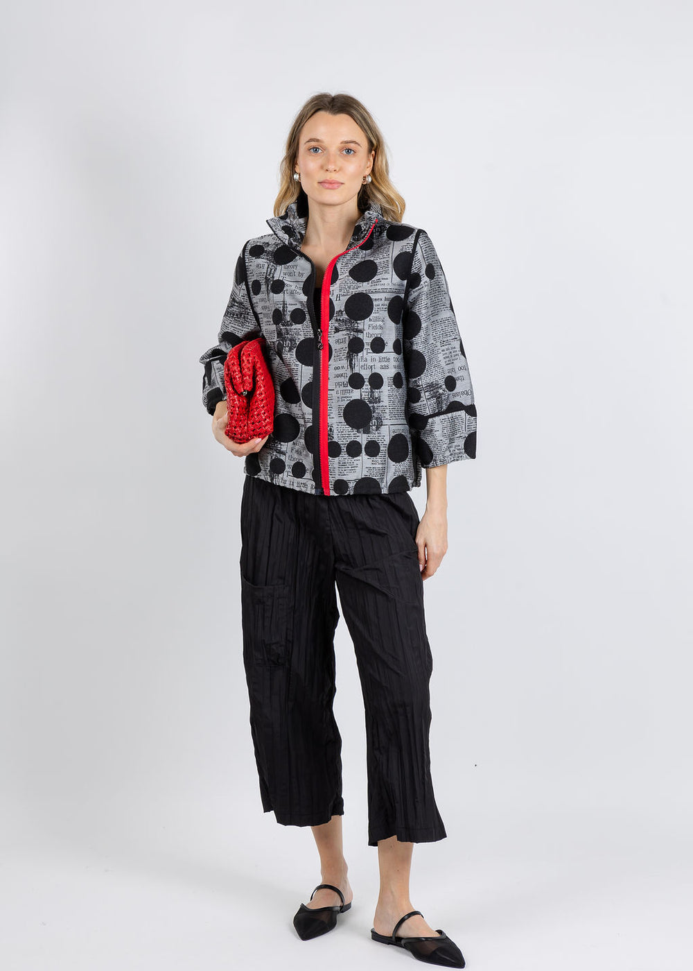 BK Newspaper Jacket in Black/Multi available at Barbara Katzpaired with BK Maya Pants in Black available at Barbara Katz