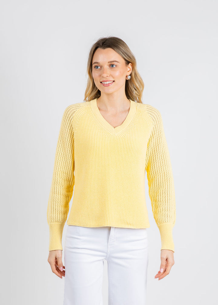 BK Ollie Open Weave Sleeve V Neck Shaker Sweater in Cool Lemon available at Barbara Katz