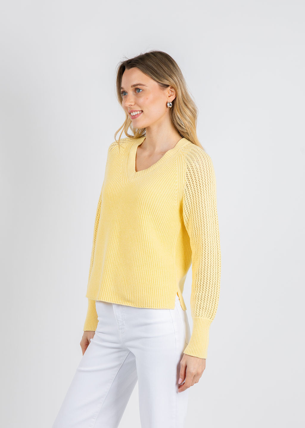 BK Ollie Open Weave Sleeve V Neck Shaker Sweater in Cool Lemon available at Barbara Katz
