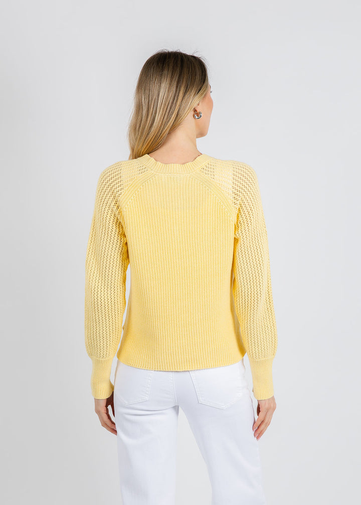 BK Ollie Open Weave Sleeve V Neck Shaker Sweater in Cool Lemon available at Barbara Katz