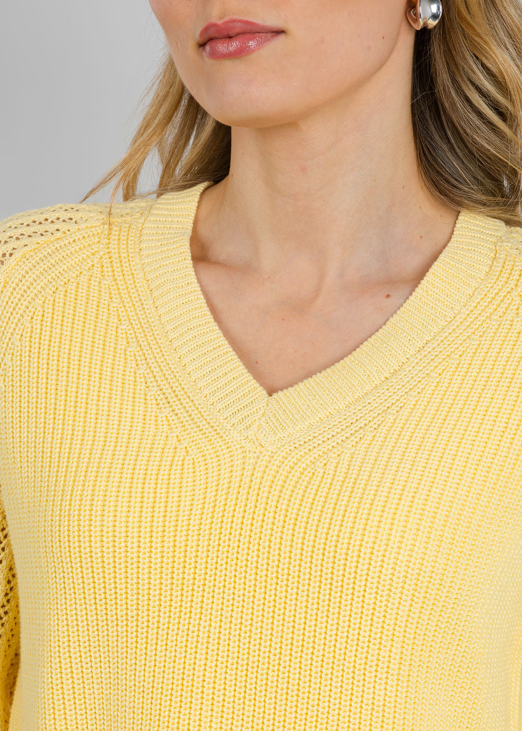 BK Ollie Open Weave Sleeve V Neck Shaker Sweater in Cool Lemon available at Barbara Katz
