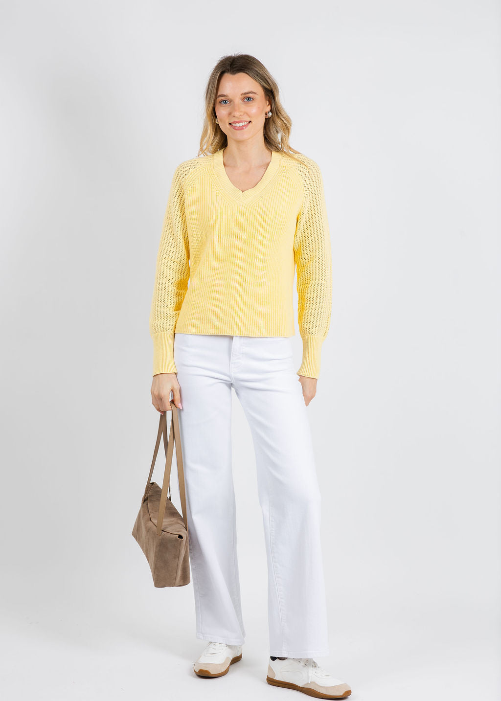 BK Ollie Open Weave Sleeve V Neck Shaker Sweater in Cool Lemon available at Barbara Katz