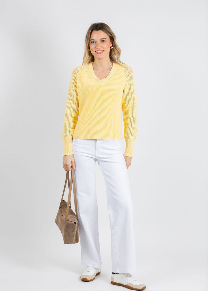 BK Ollie Open Weave Sleeve V Neck Shaker Sweater in Cool Lemon available at Barbara Katz