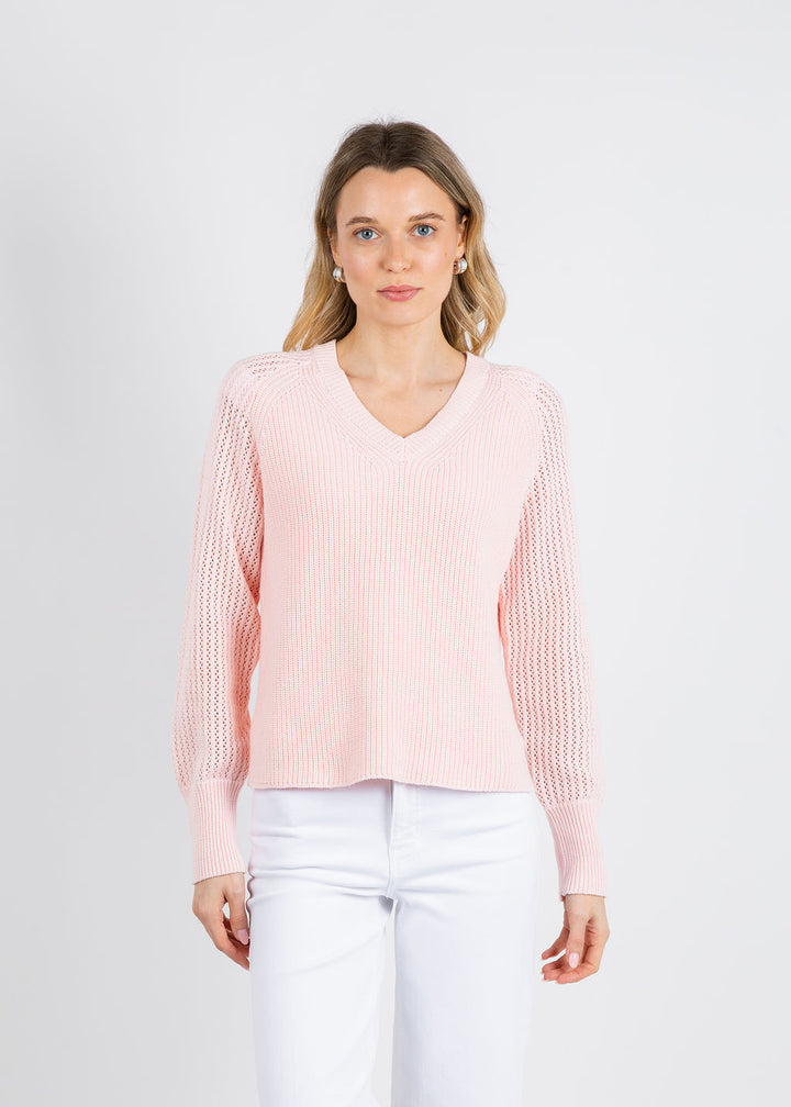 BK Ollie Open Weave Sleeve V Neck Shaker Sweater in Pink Pearl available at Barbara Katz