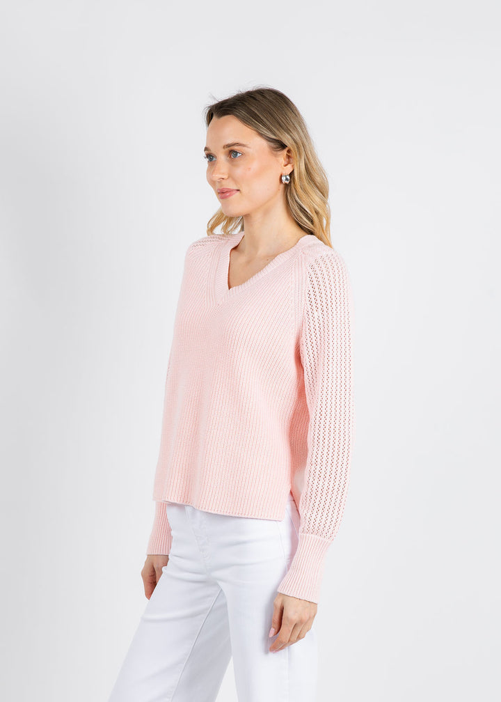 BK Ollie Open Weave Sleeve V Neck Shaker Sweater in Pink Pearl available at Barbara Katz