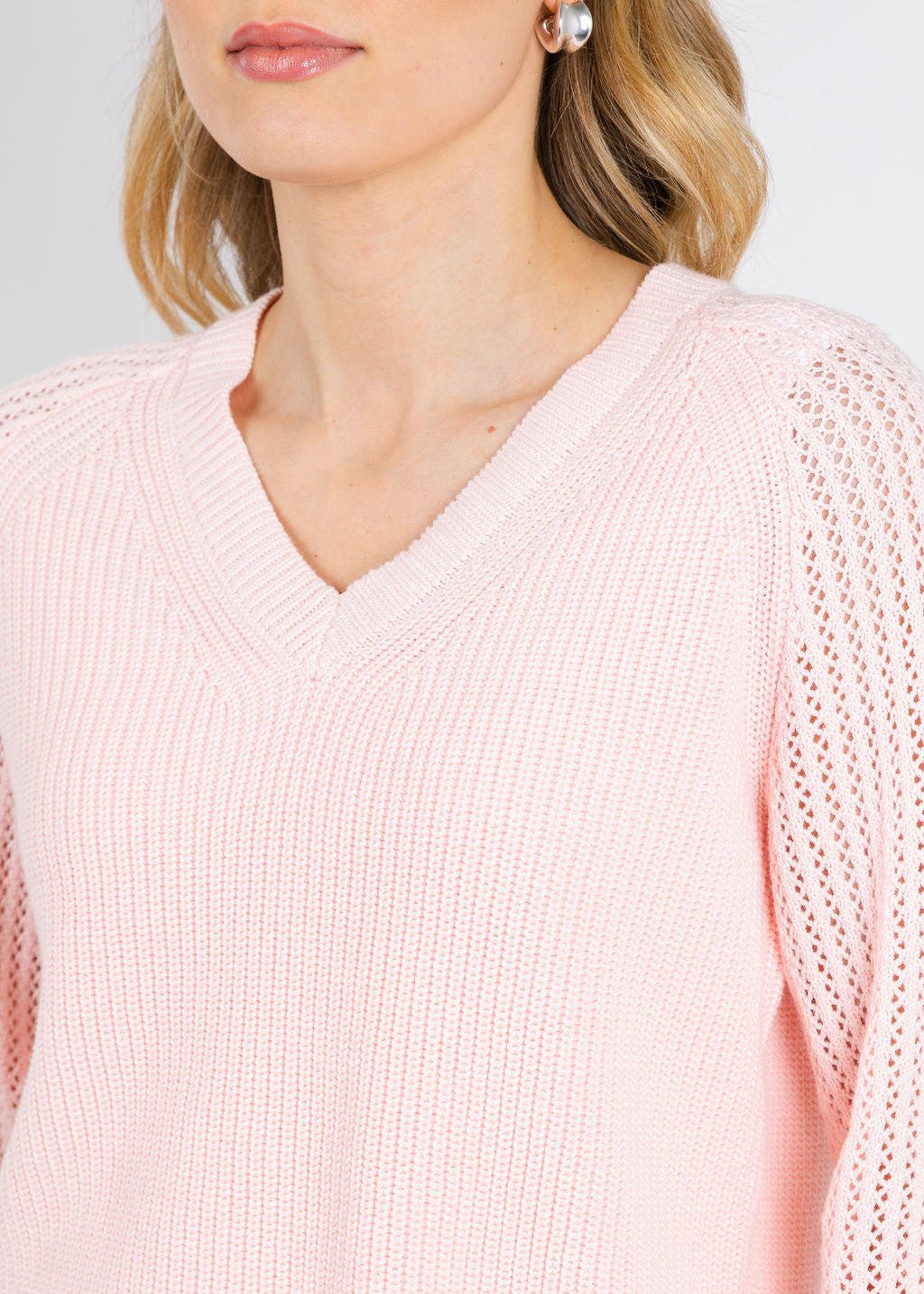 BK Ollie Open Weave Sleeve V Neck Shaker Sweater in Pink Pearl available at Barbara Katz