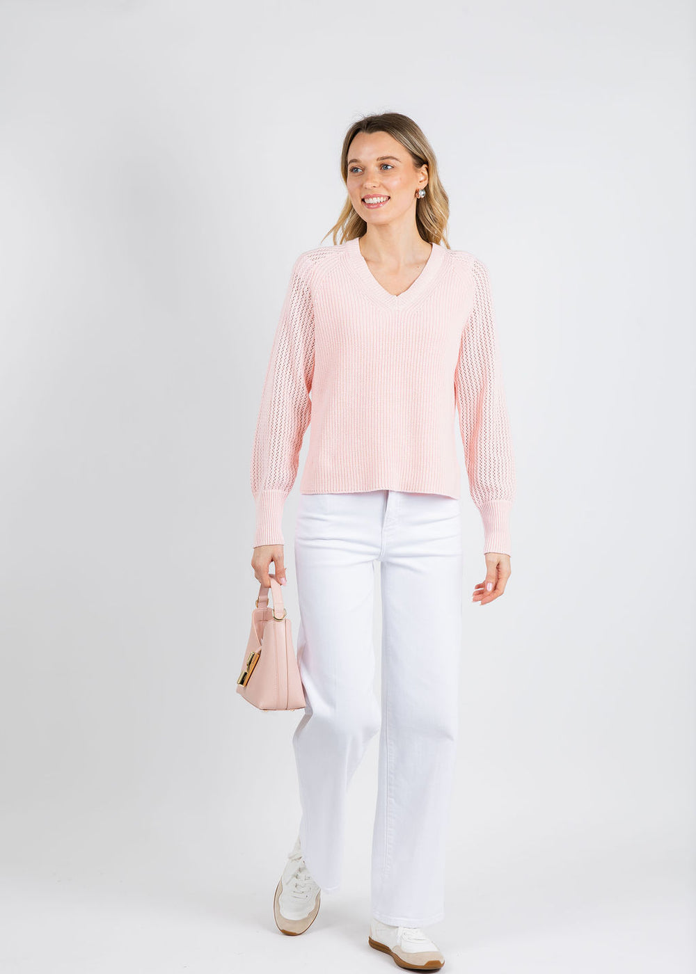 BK Ollie Open Weave Sleeve V Neck Shaker Sweater in Pink Pearl available at Barbara Katz
