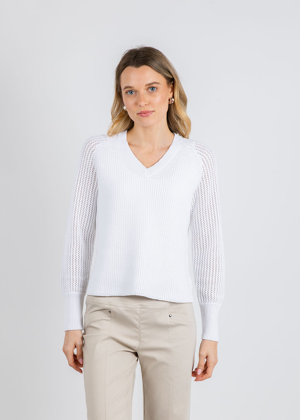 BK Ollie Open Weave Sleeve V Neck Shaker Sweater in White available at Barbara Katz