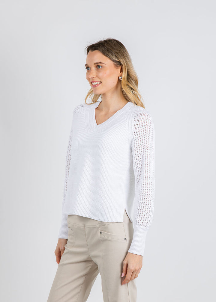BK Ollie Open Weave Sleeve V Neck Shaker Sweater in White available at Barbara Katz