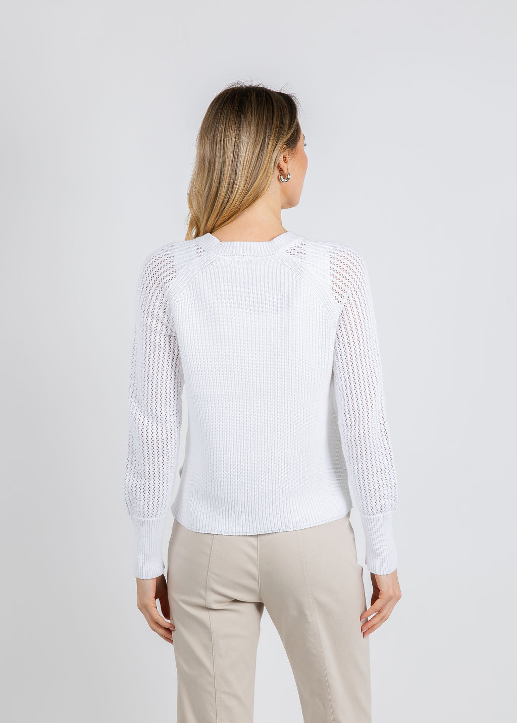 BK Ollie Open Weave Sleeve V Neck Shaker Sweater in White available at Barbara Katz