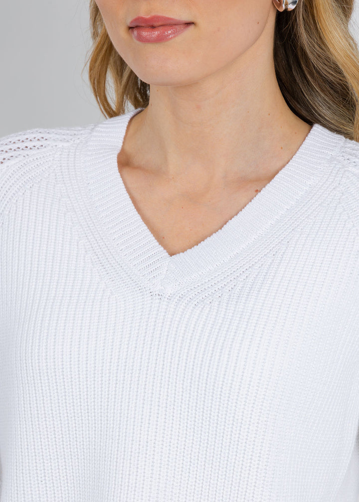 BK Ollie Open Weave Sleeve V Neck Shaker Sweater in White available at Barbara Katz
