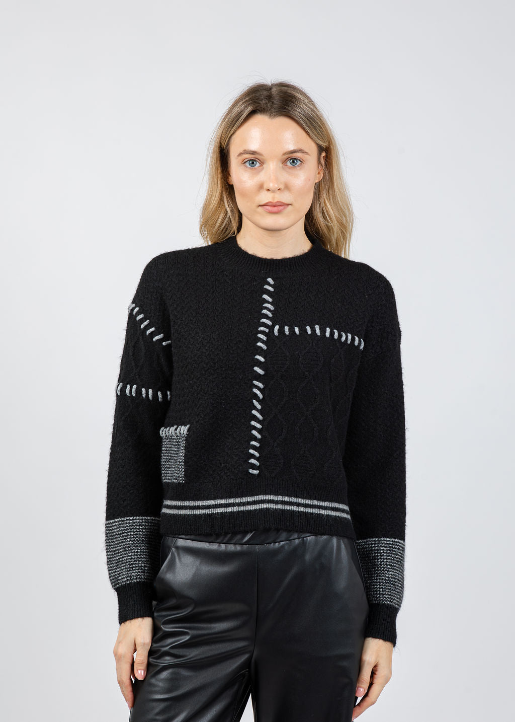 BK Patchwork Cropped Sweater in Black Combo available at Barbara Katz