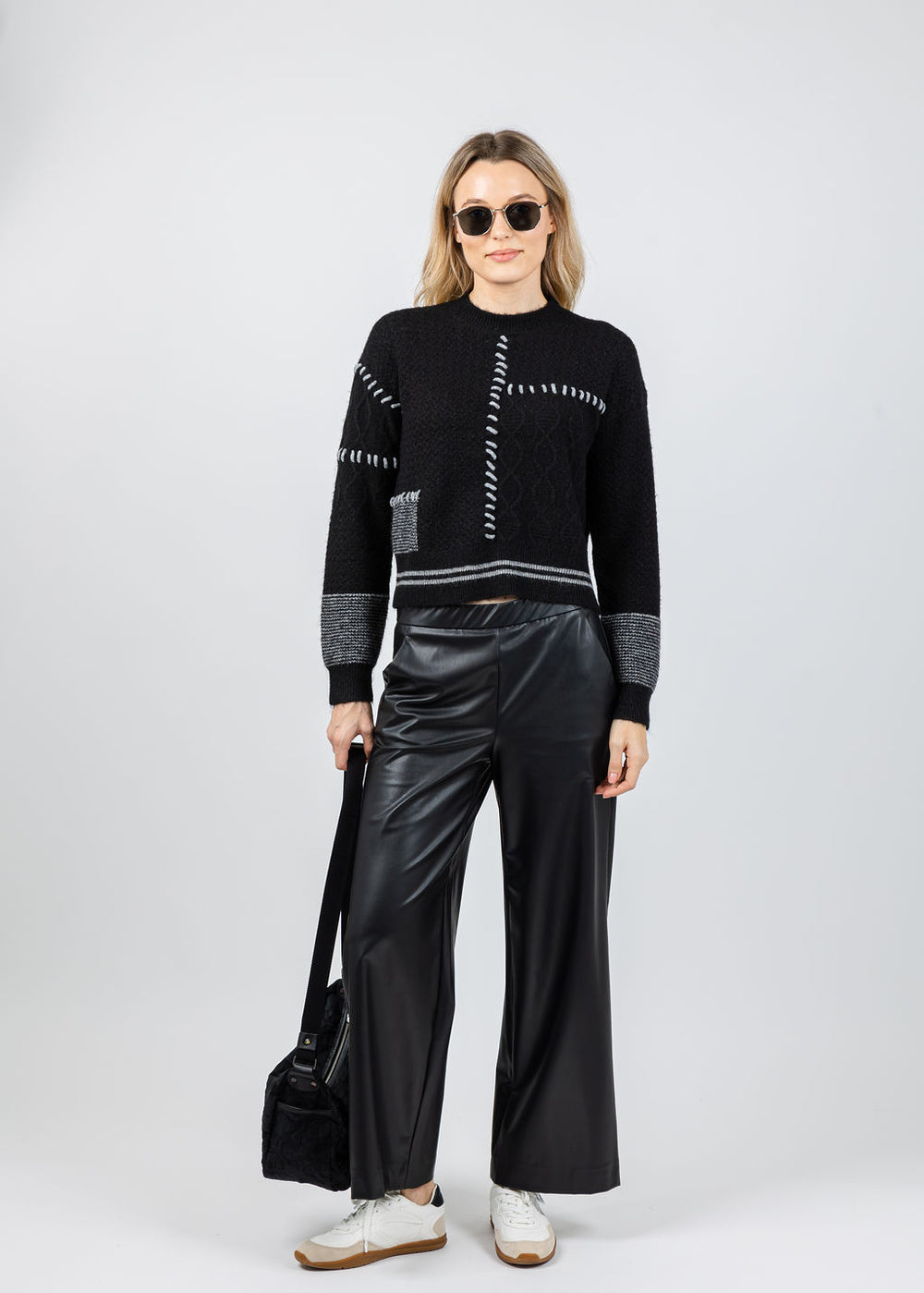 BK Patchwork Cropped Sweater in Black Combo available at Barbara Katz